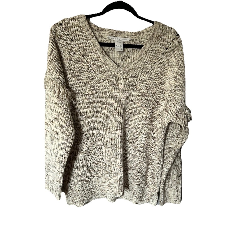 Women's American Rag V Neck Sweater Size L Fringe Oatmeal Cozy Outdoor